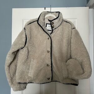 Hollister Cream Fleece Sherpa Jacket with faux leather Black trim Large L